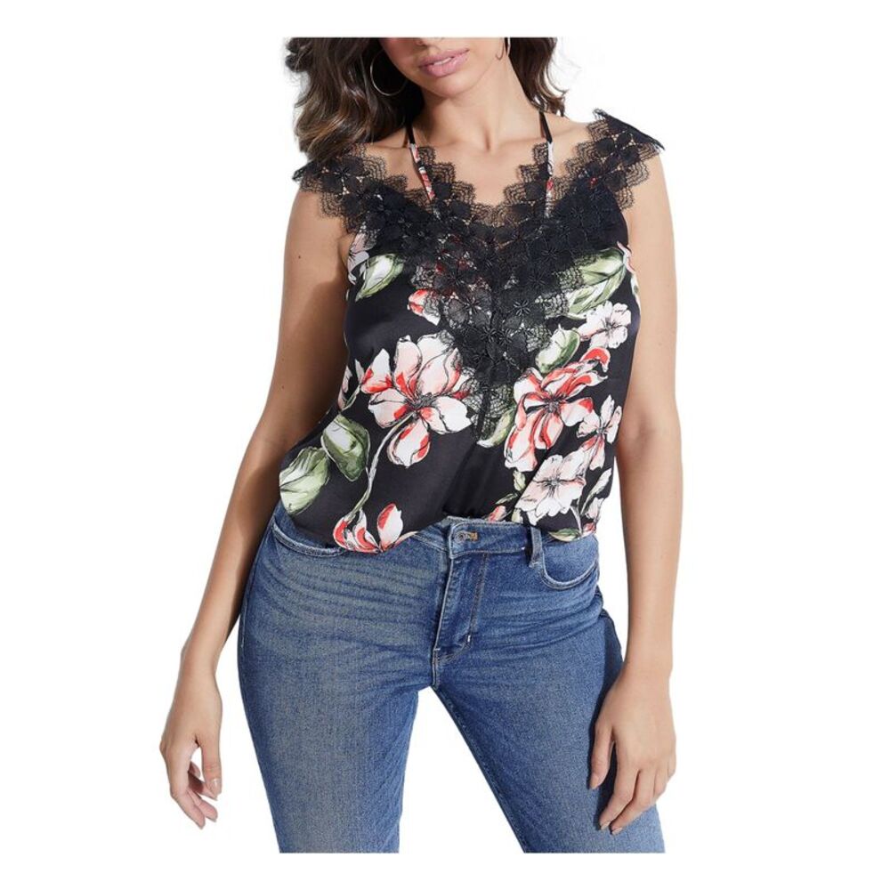 GUESS Womens Lace Spaghetti Strap V Neck Tank Top